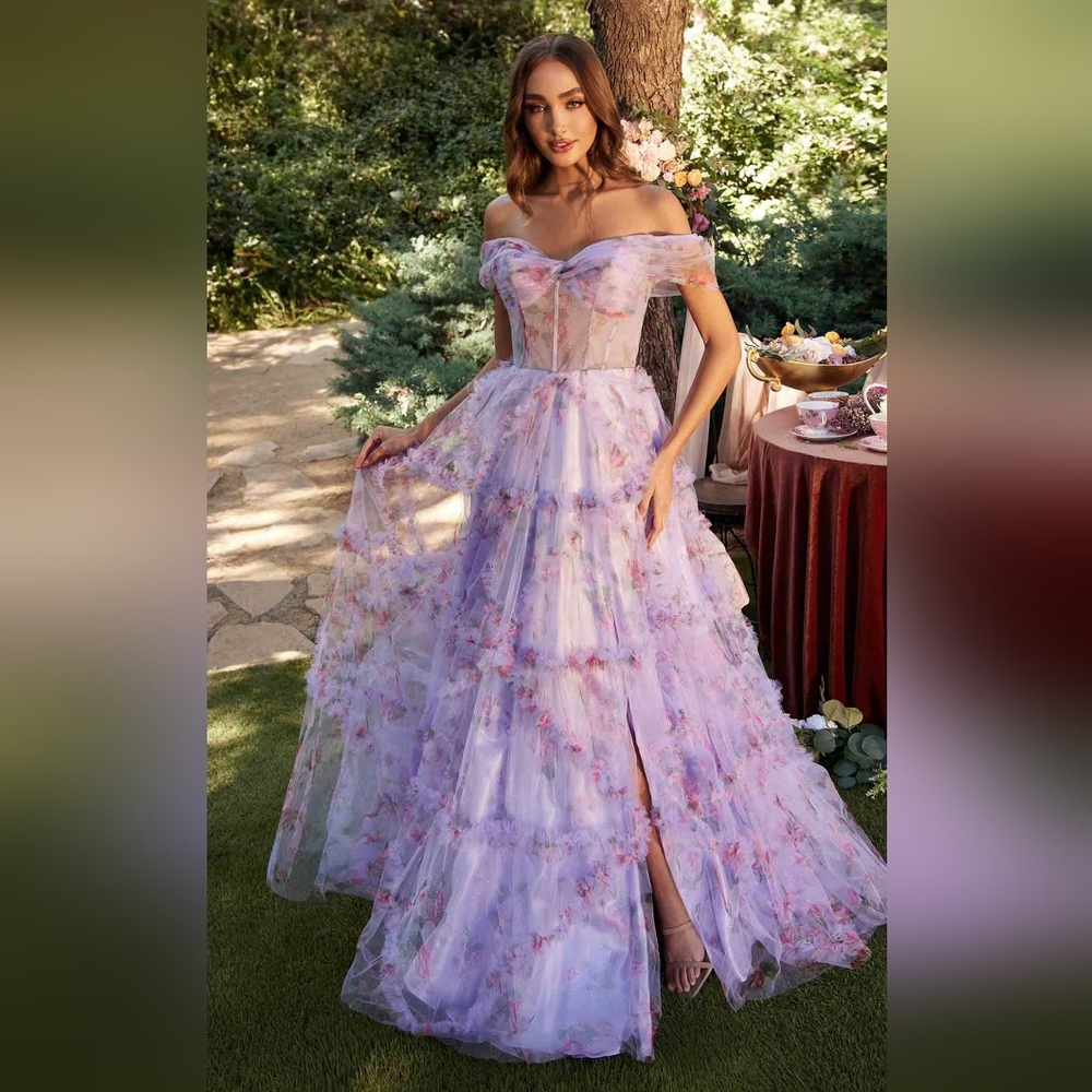 Elegant Lavender Floral Off-Shoulder Dress